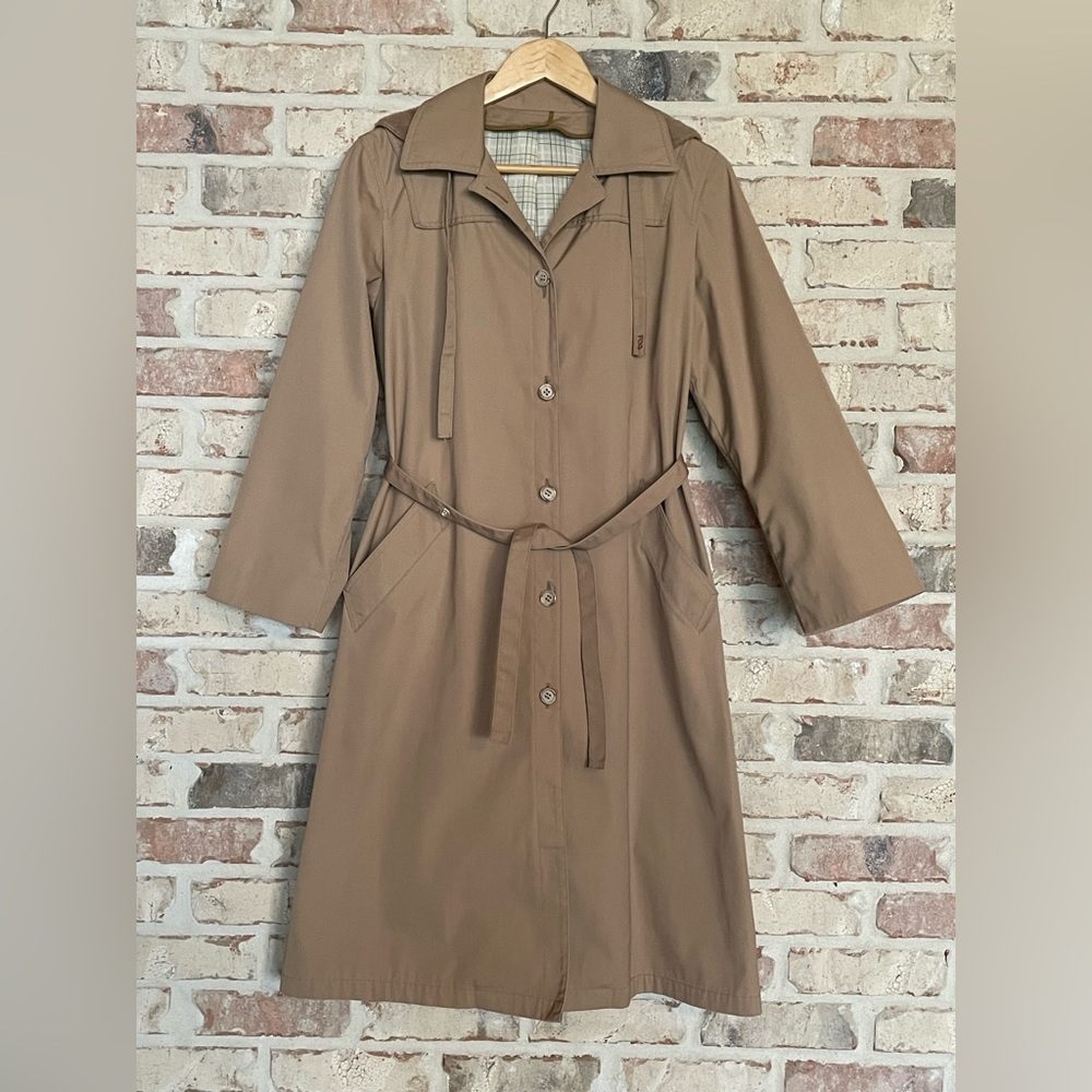 LONDON FOG Vintage Khaki Removable Hood Trench Coat Women’s Size 8 Petite - Picture 1 of 11